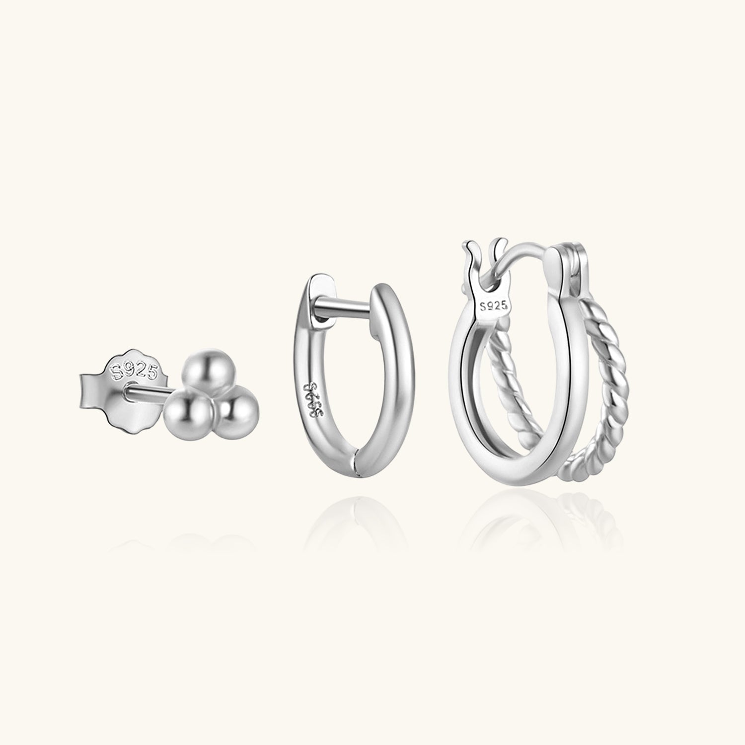 Classic 3 Piece Huggie Hoop Earring Bundles - Silver