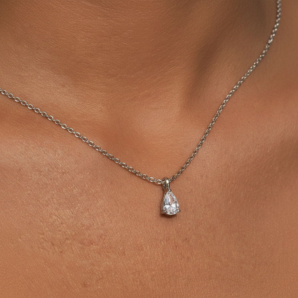 Classic Pear Diamond Solitaire Pendant Necklace - Silver
