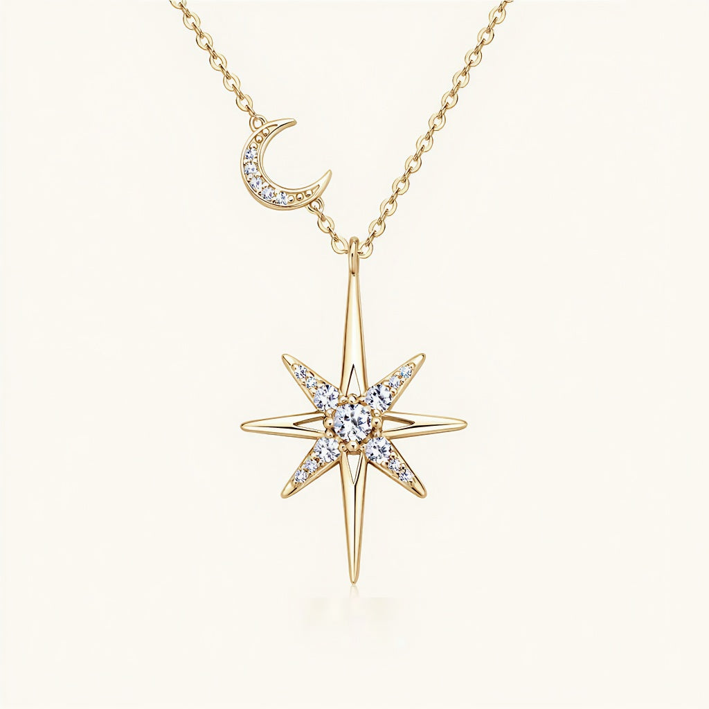 Crescent Moon and North Star Moissanite Necklace - Gold