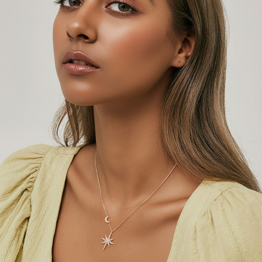 Crescent Moon and North Star Moissanite Necklace - Gold