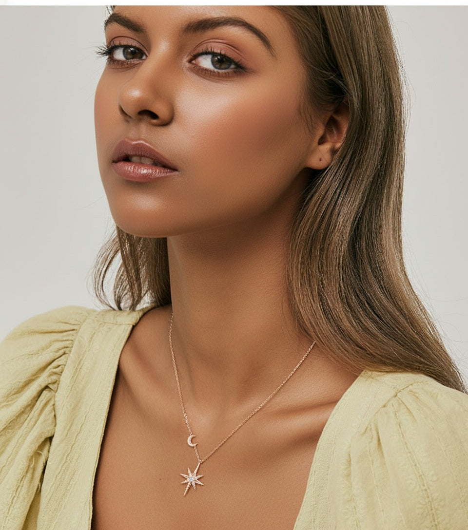 Crescent Moon and North Star Moissanite Necklace - Gold