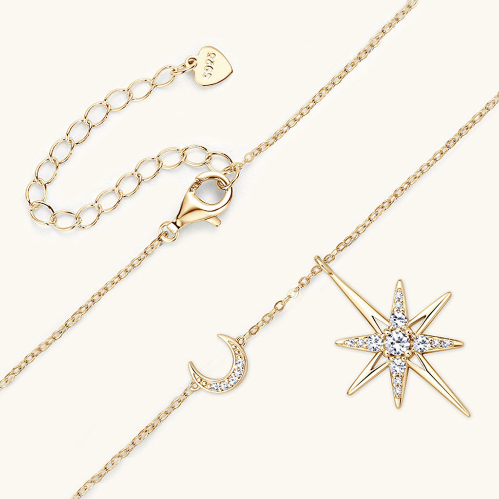 Crescent Moon and North Star Moissanite Necklace - Gold