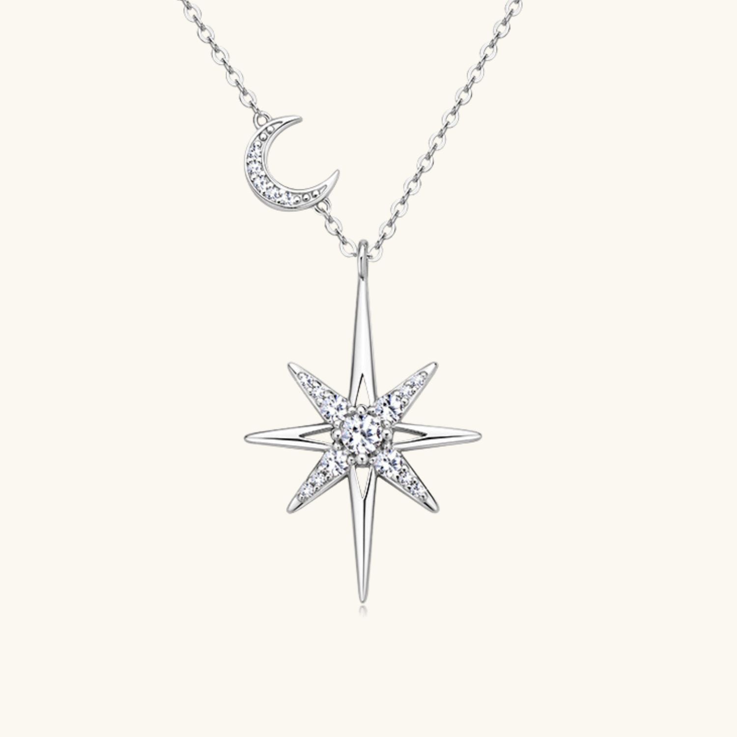 Crescent Moon and North Star Moissanite Necklace - Silver