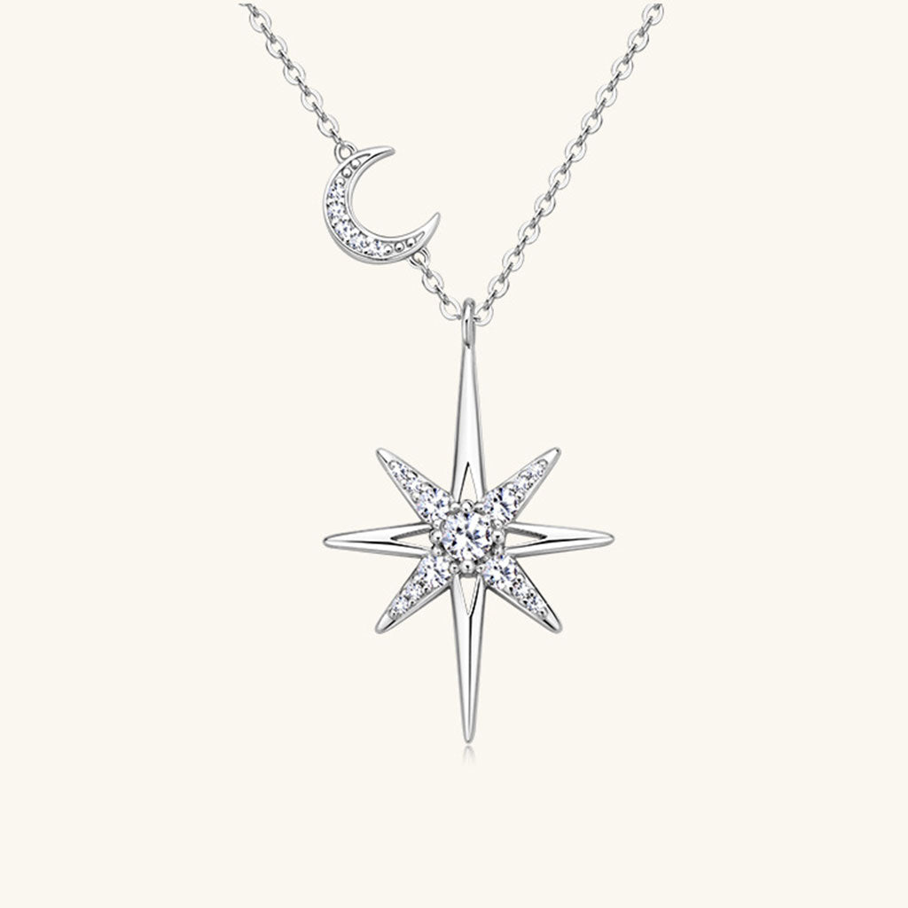 Crescent Moon and North Star Moissanite Necklace - Silver