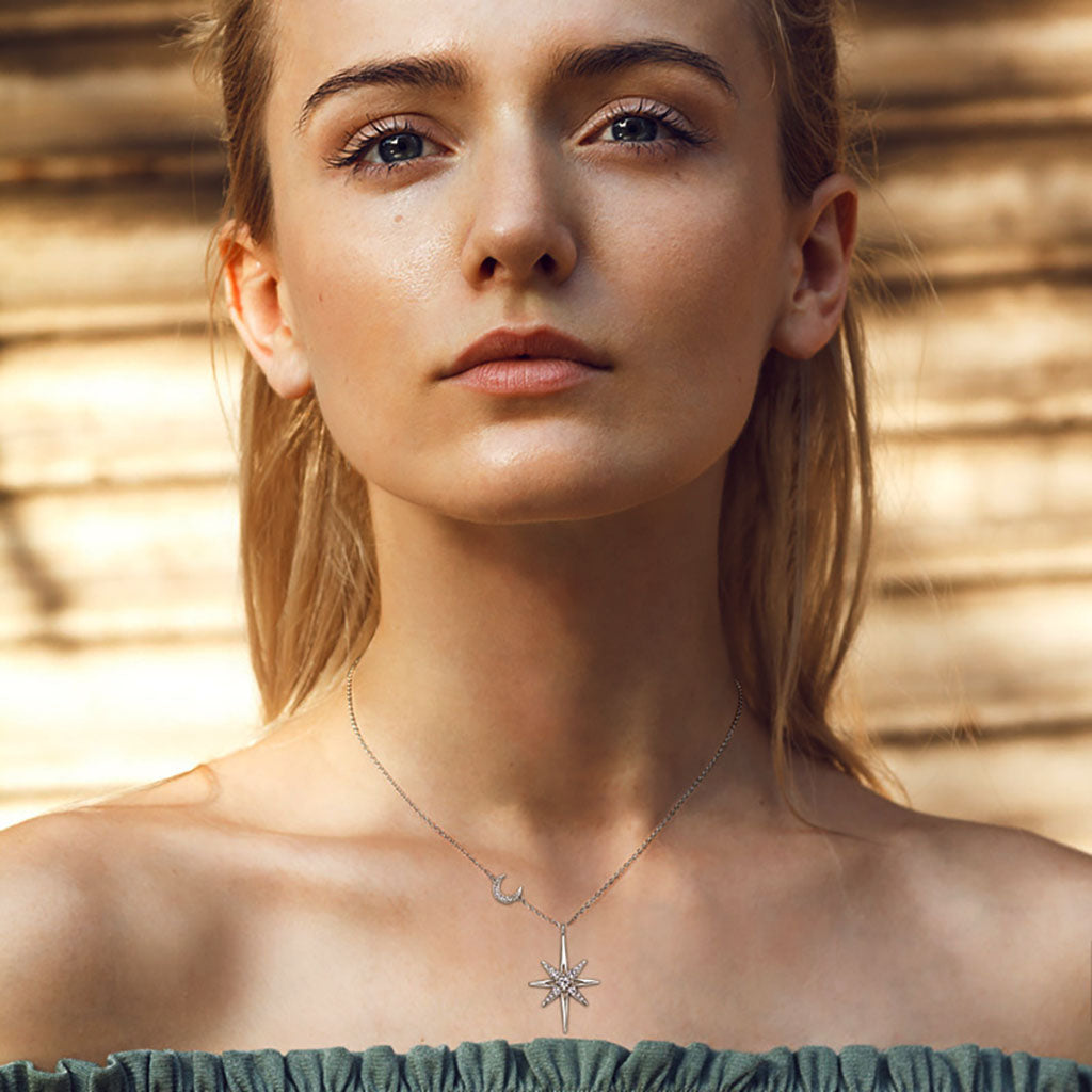 Crescent Moon and North Star Moissanite Necklace - Silver