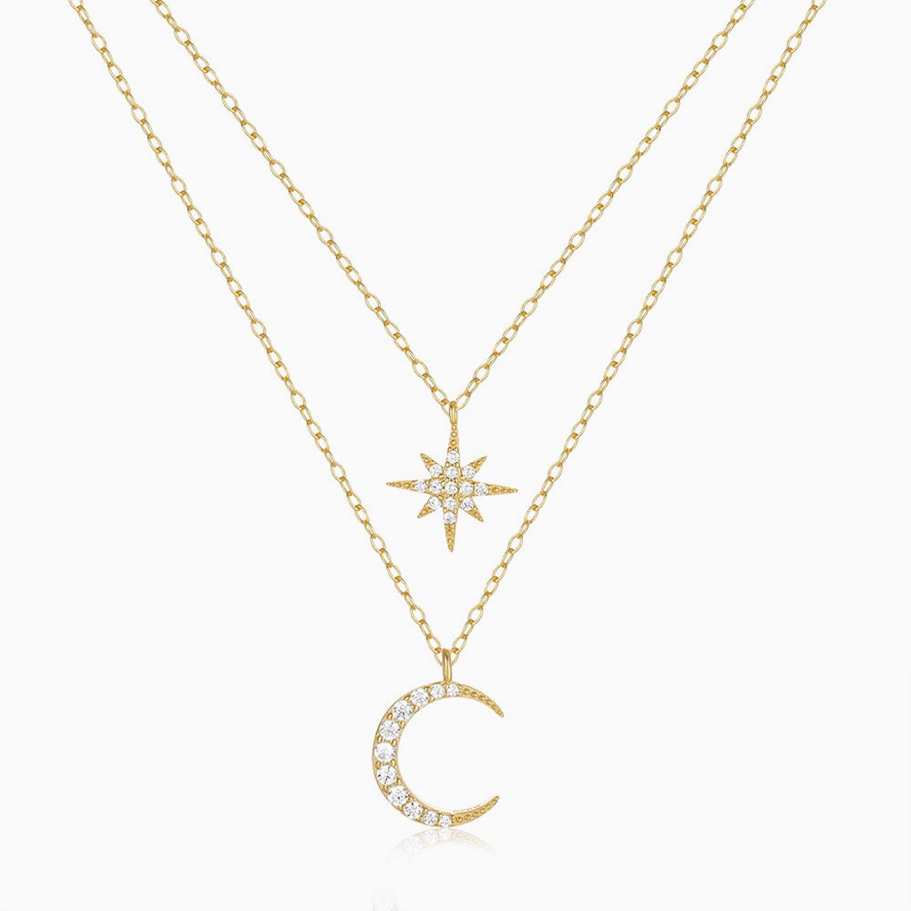 Crescent Moon and Star Diamond Layered Necklace - Gold