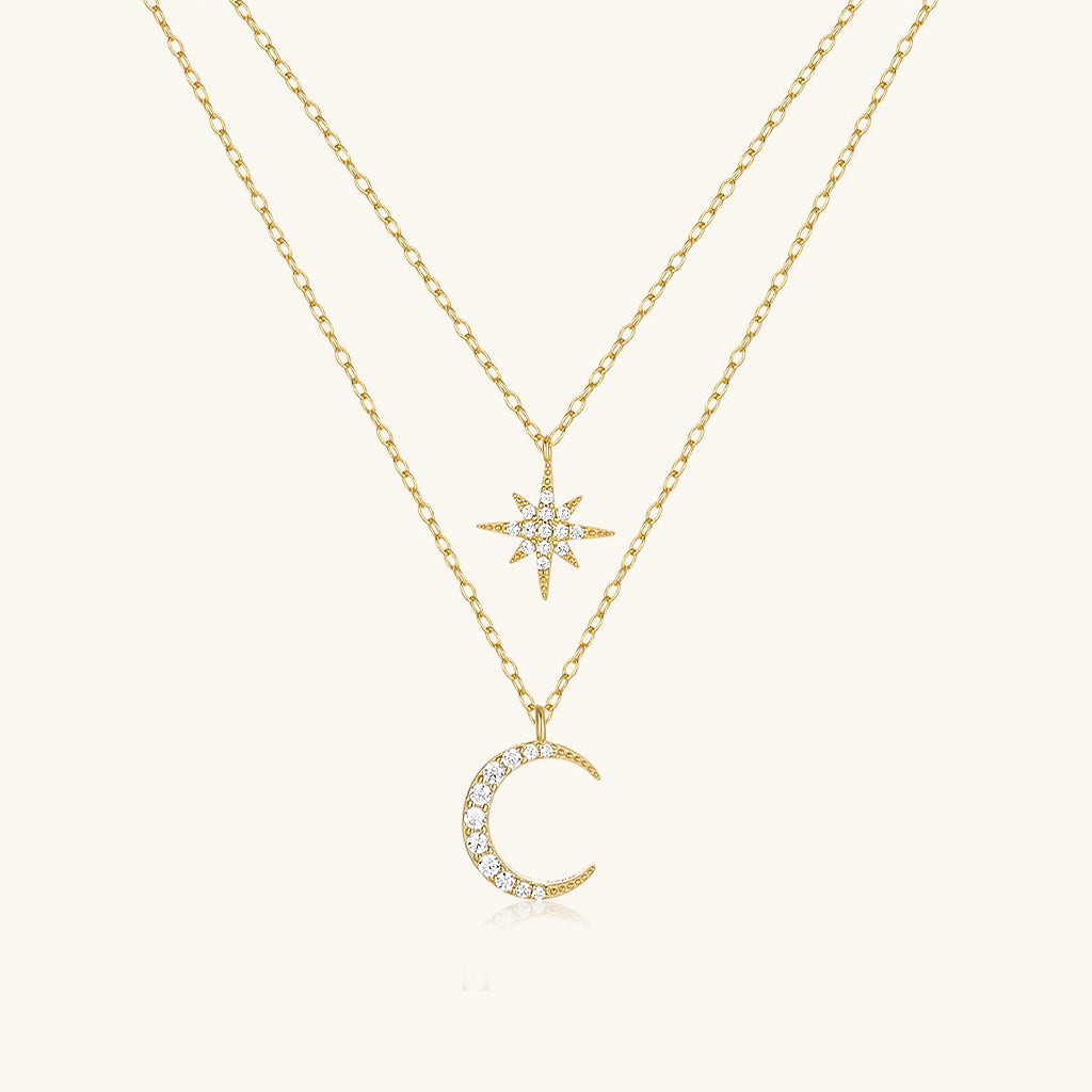 Crescent Moon and Star Diamond Layered Necklace - Gold