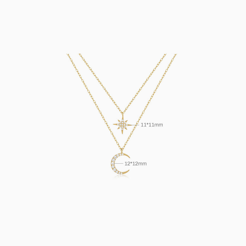 Crescent Moon and Star Diamond Layered Necklace - Gold