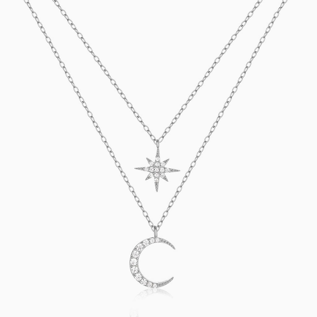 Crescent Moon and Star Diamond Layered Necklace - Silver