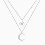 Crescent Moon and Star Diamond Layered Necklace - Silver