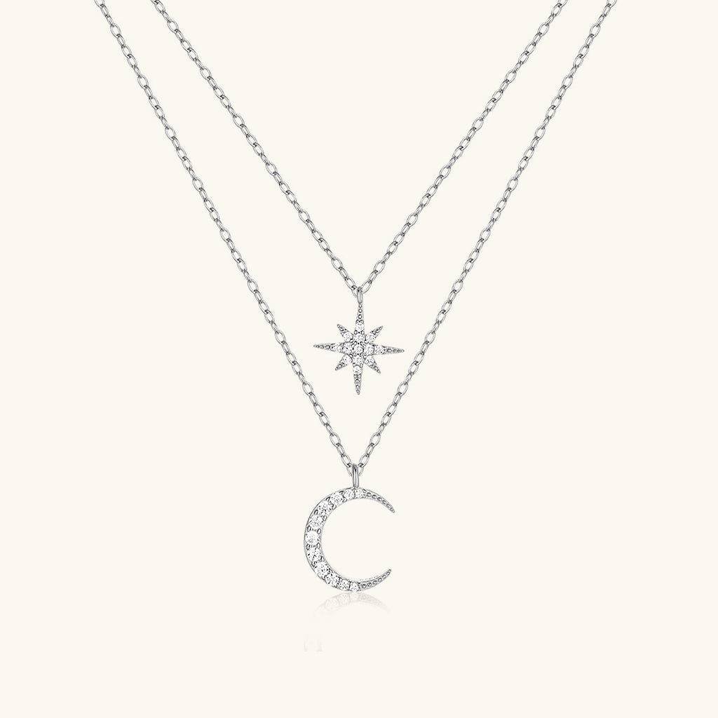 Crescent Moon and Star Diamond Layered Necklace - Silver