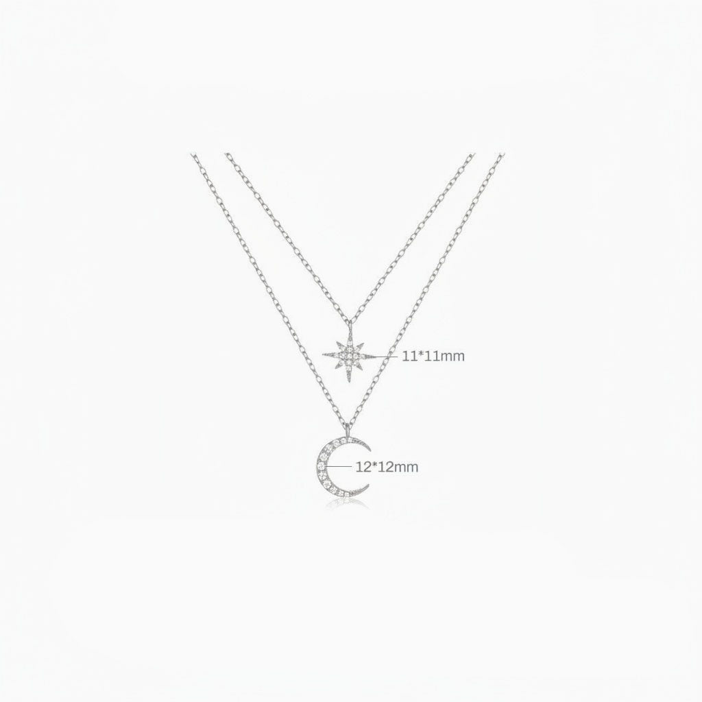Crescent Moon and Star Diamond Layered Necklace - Silver