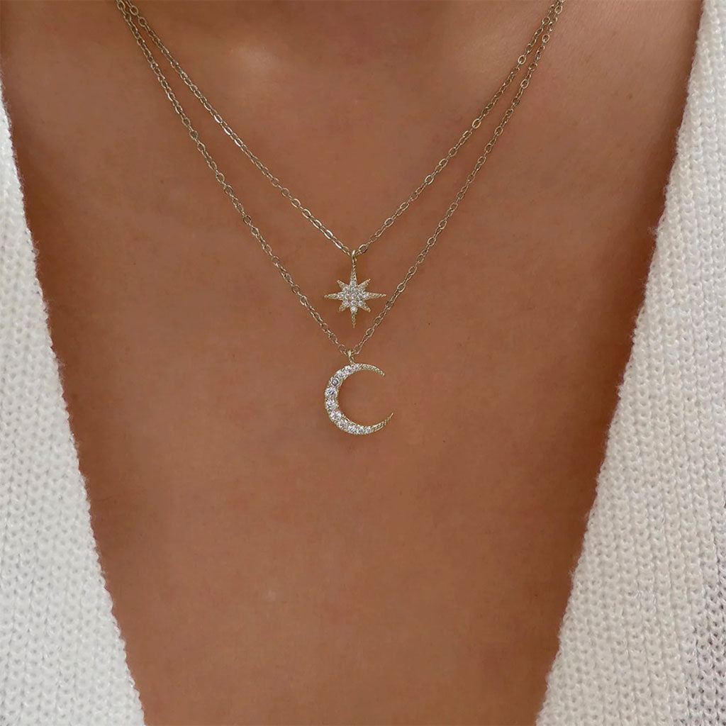 Crescent Moon and Star Diamond Layered Necklace - Silver