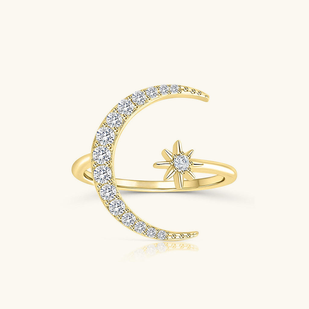 Crescent Moon and Star Diamond Open Ring - Gold