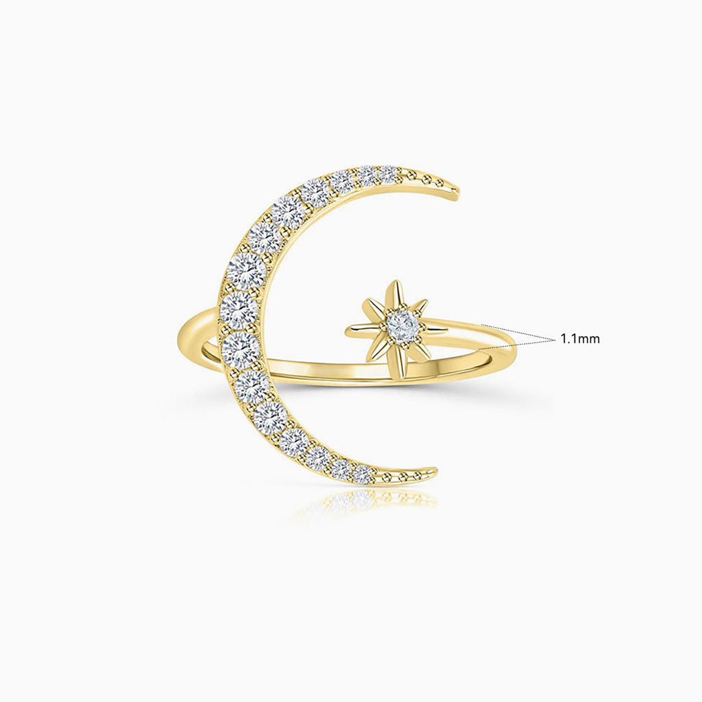 Crescent Moon and Star Diamond Open Ring - Gold