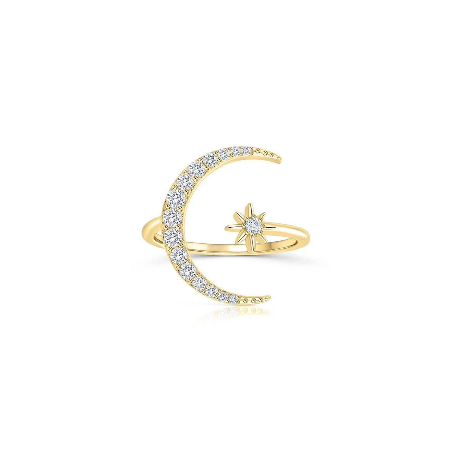 Crescent Moon and Star Diamond Open Ring - Gold
