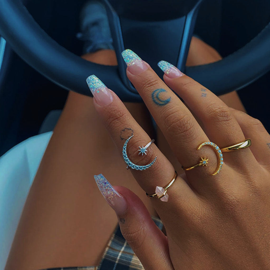 Crescent Moon and Star Diamond Open Ring - Gold