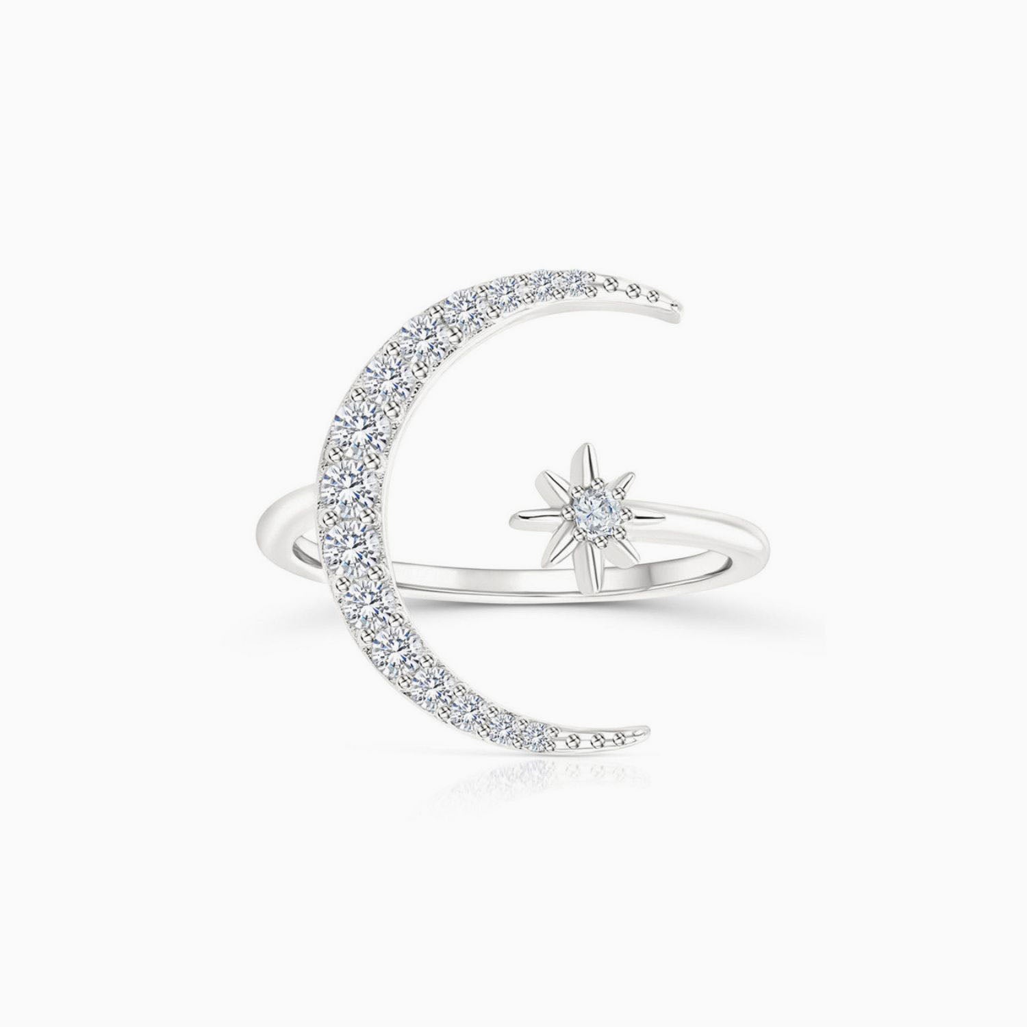 Crescent Moon and Star Diamond Open Ring - Silver