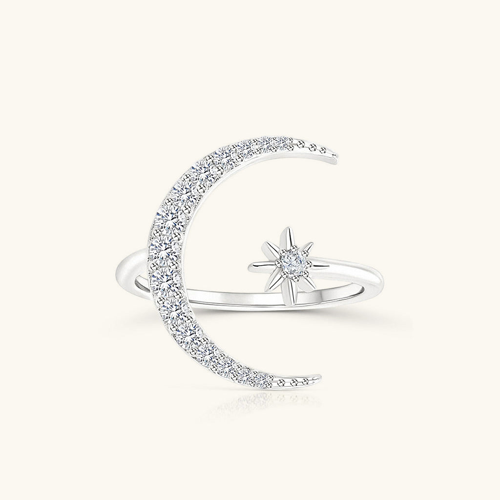 Crescent Moon and Star Diamond Open Ring - Silver