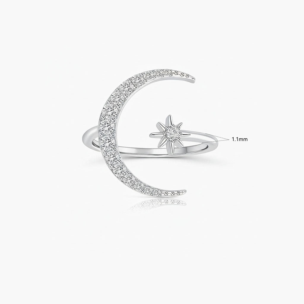 Crescent Moon and Star Diamond Open Ring - Silver