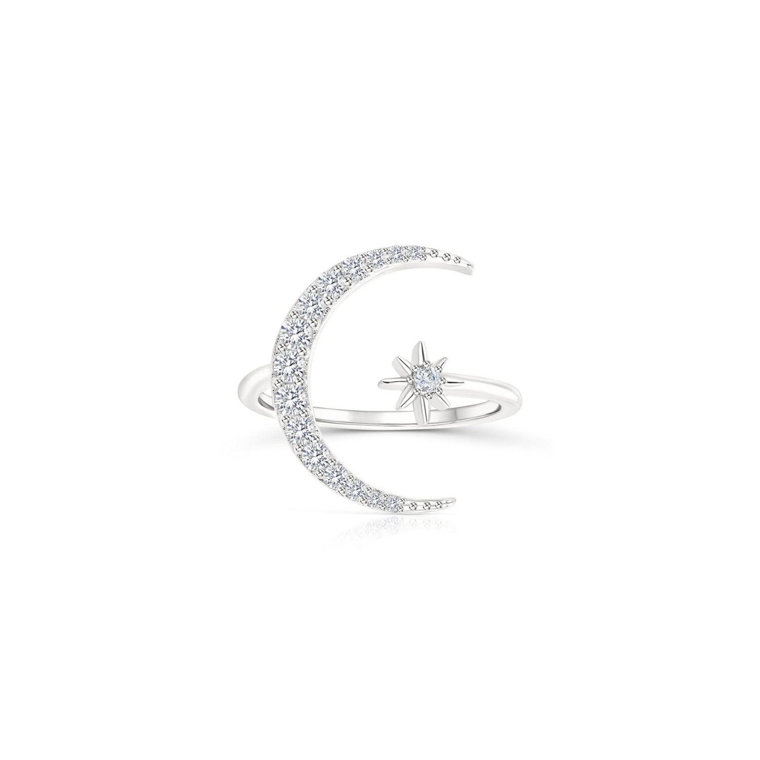 Crescent Moon and Star Diamond Open Ring - Silver