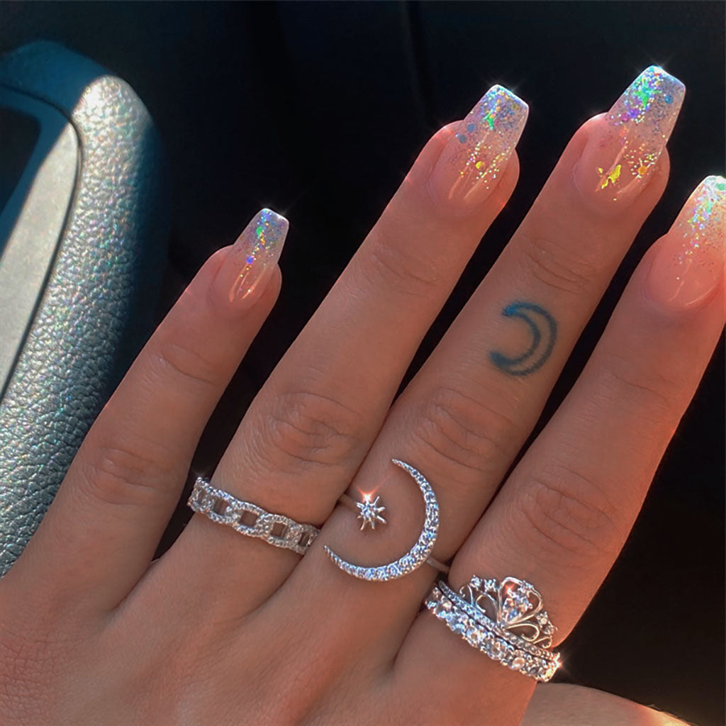 Crescent Moon and Star Diamond Open Ring - Silver