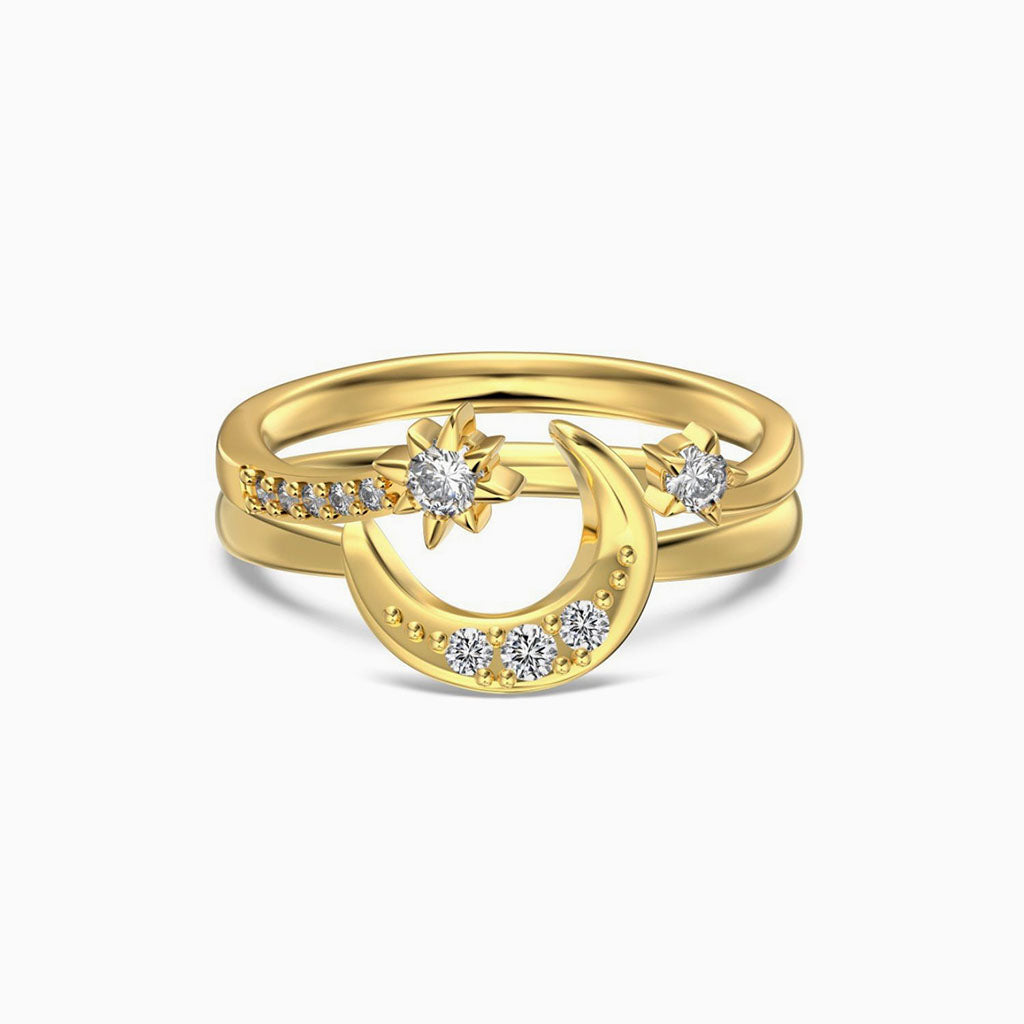 Crescent Moon and Star Diamond Stacking Rings - Gold