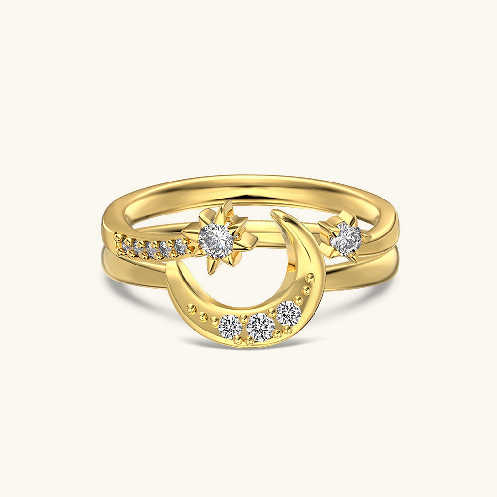 Crescent Moon and Star Diamond Stacking Rings - Gold