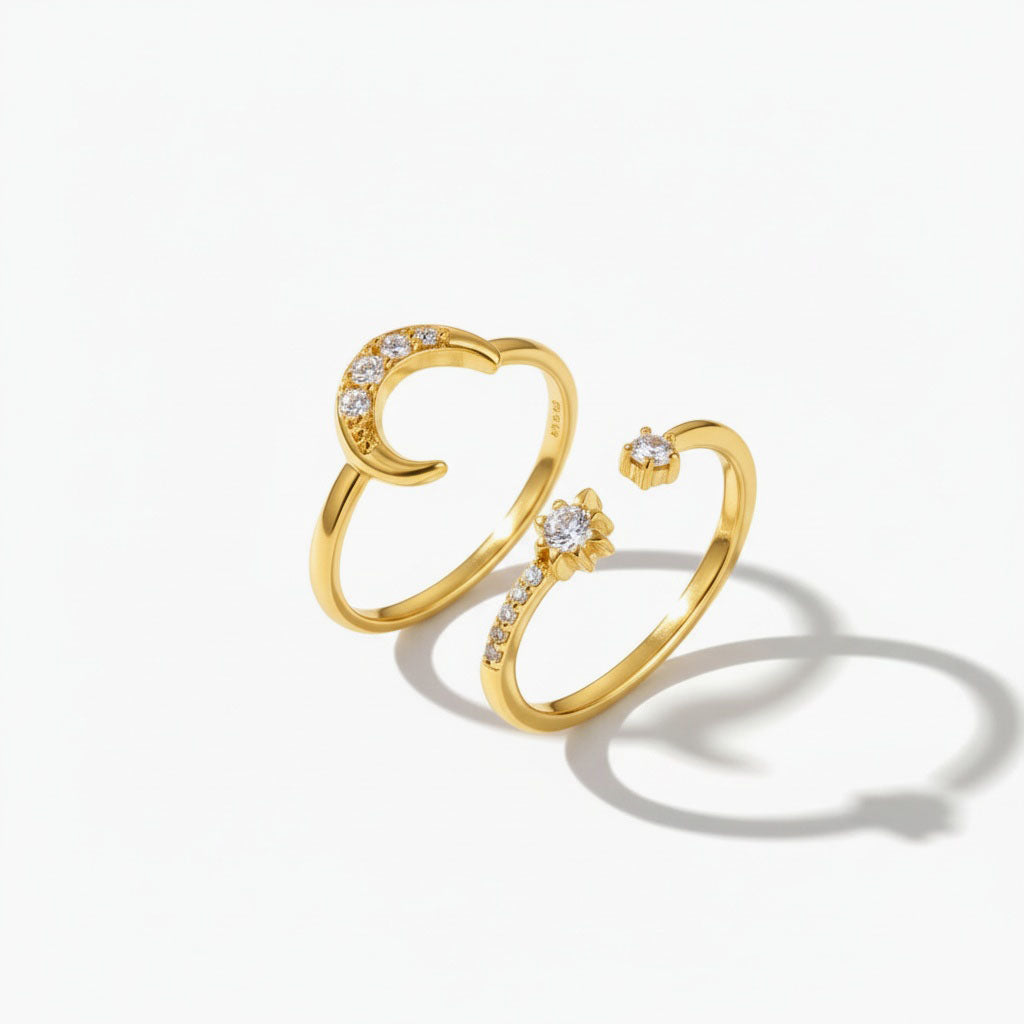 Crescent Moon and Star Diamond Stacking Rings - Gold