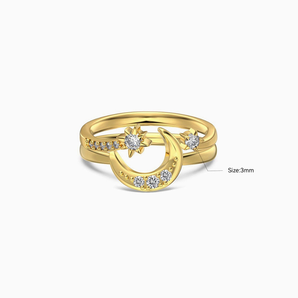 Crescent Moon and Star Diamond Stacking Rings - Gold