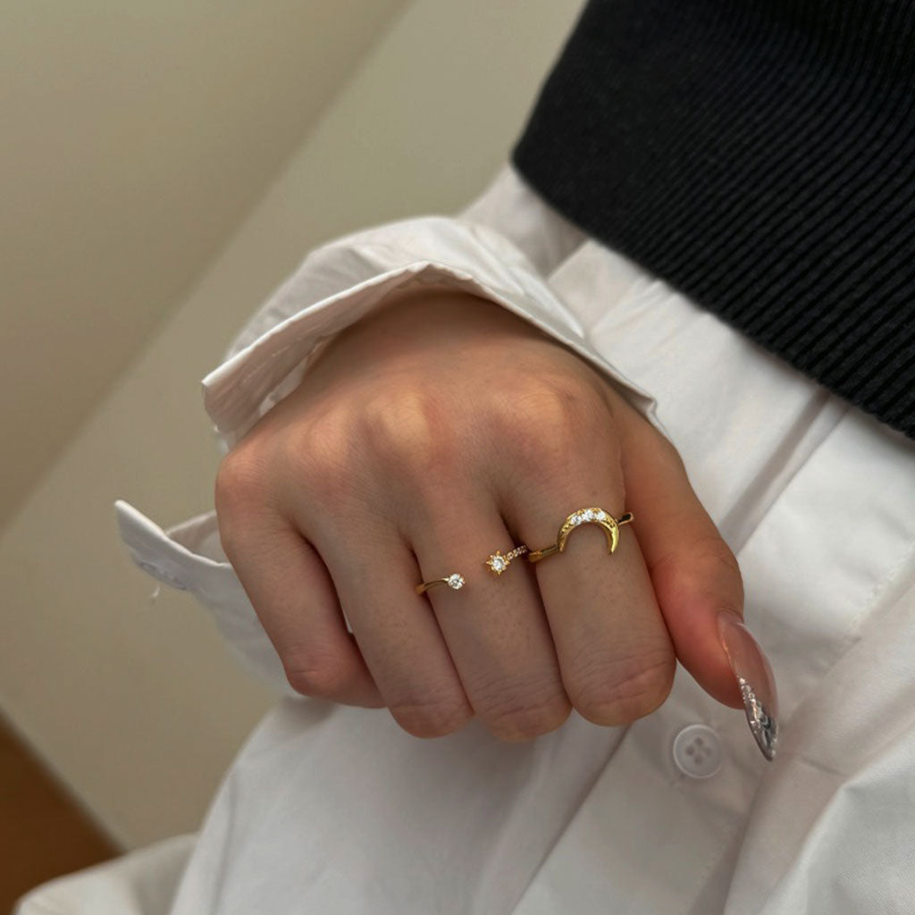 Crescent Moon and Star Diamond Stacking Rings - Gold