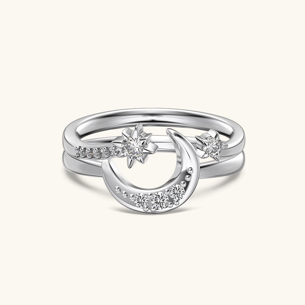 Crescent Moon and Star Diamond Stacking Rings - Silver