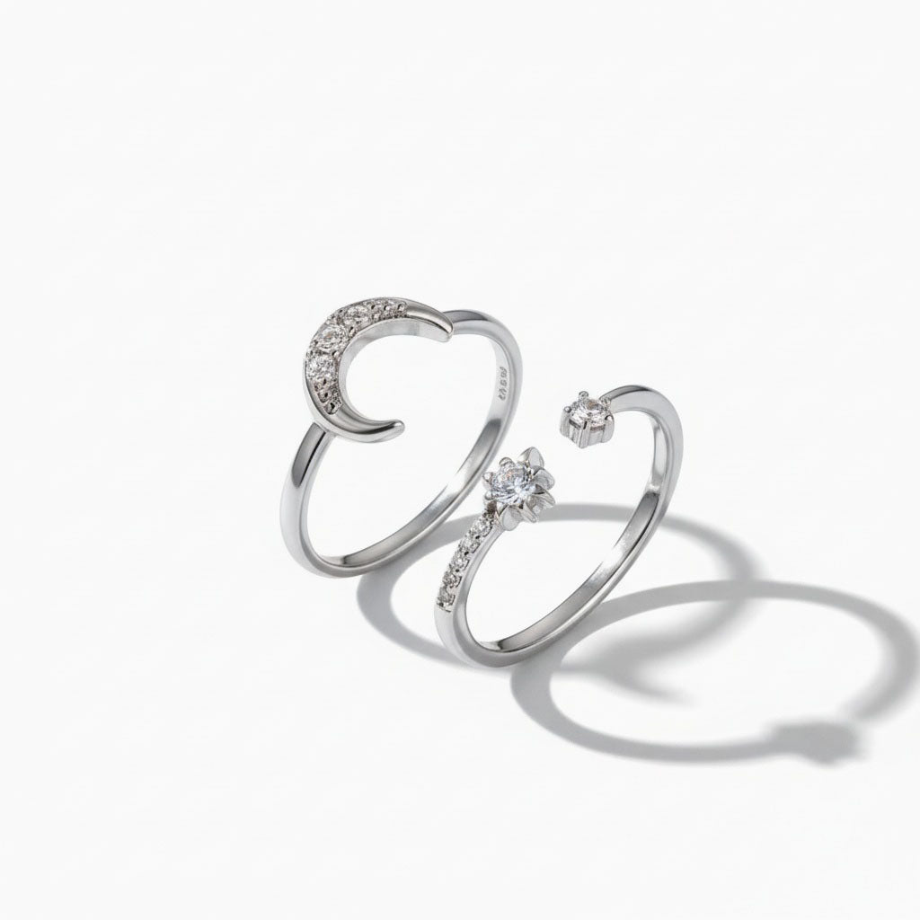 Crescent Moon and Star Diamond Stacking Rings - Silver
