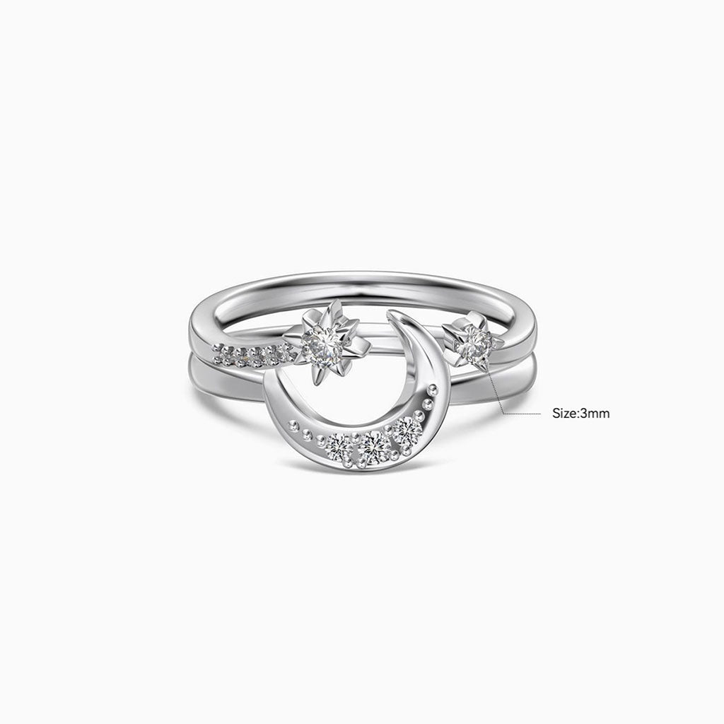 Crescent Moon and Star Diamond Stacking Rings - Silver