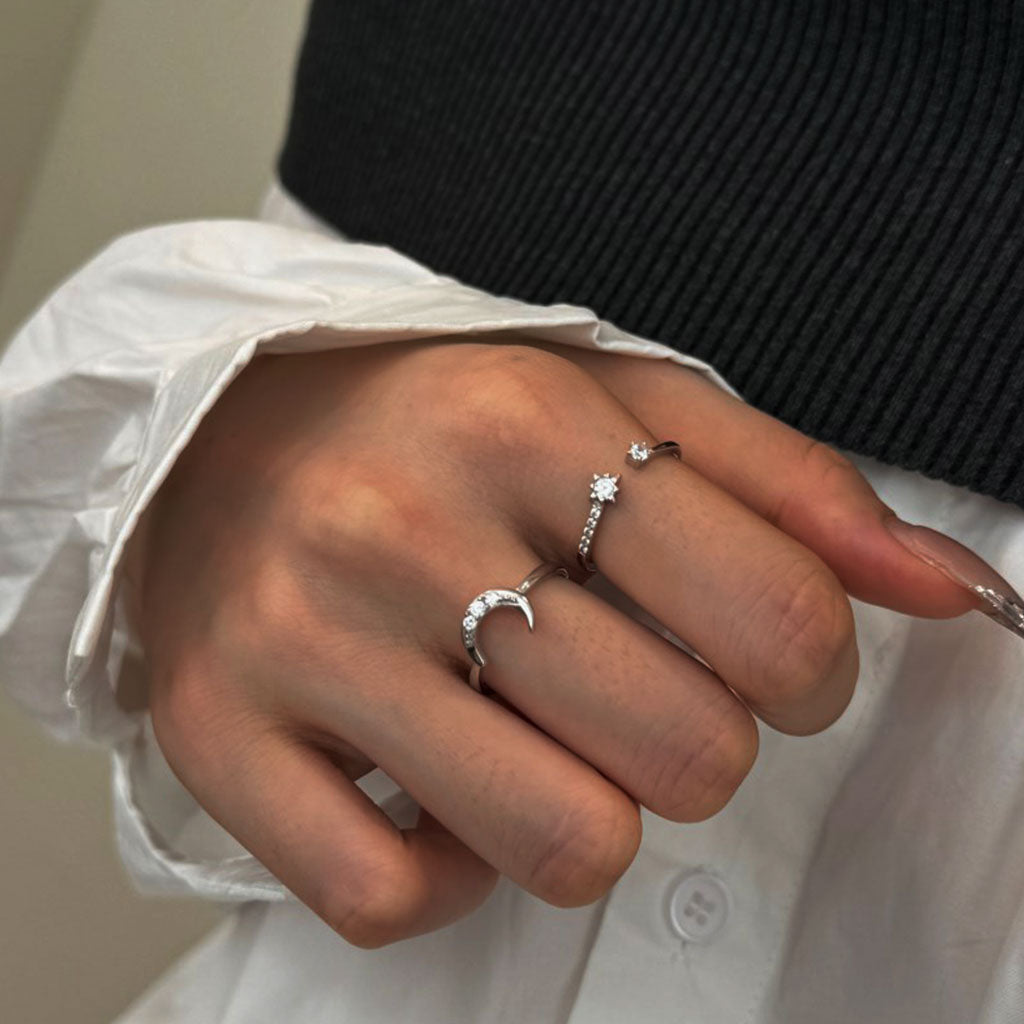 Crescent Moon and Star Diamond Stacking Rings - Silver