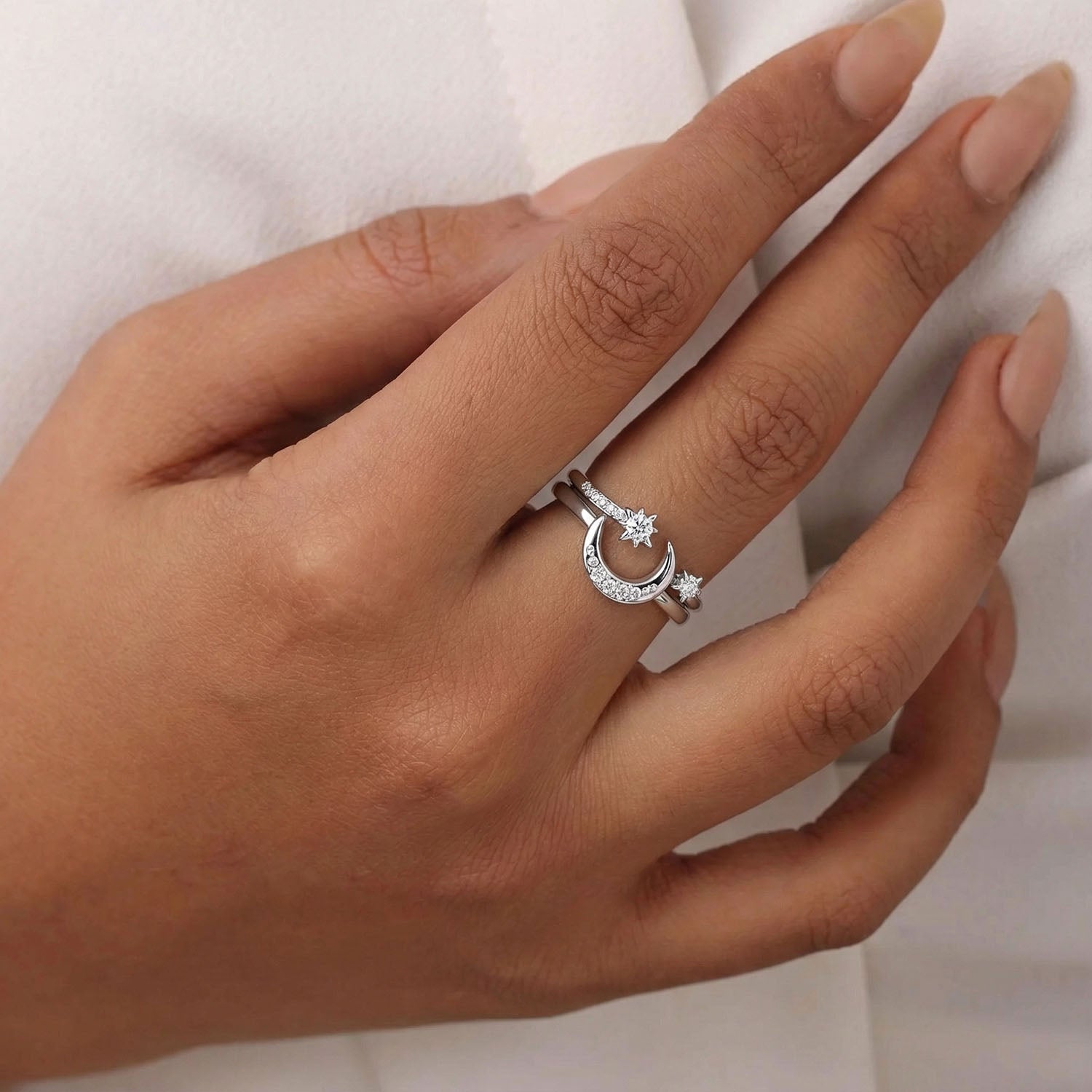 Crescent Moon and Star Diamond Stacking Rings - Silver