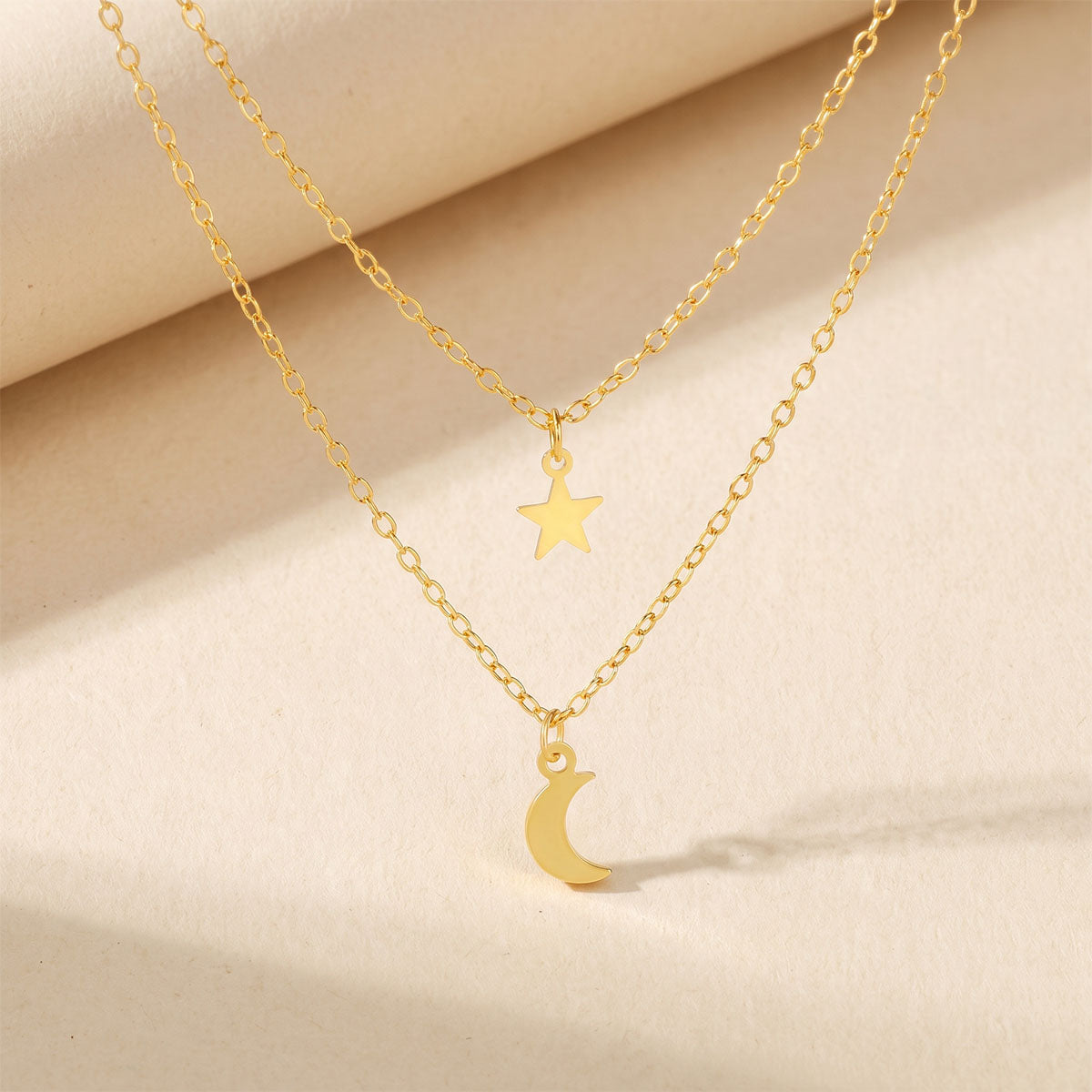 Crescent Moon and Star Layered Necklace - Gold