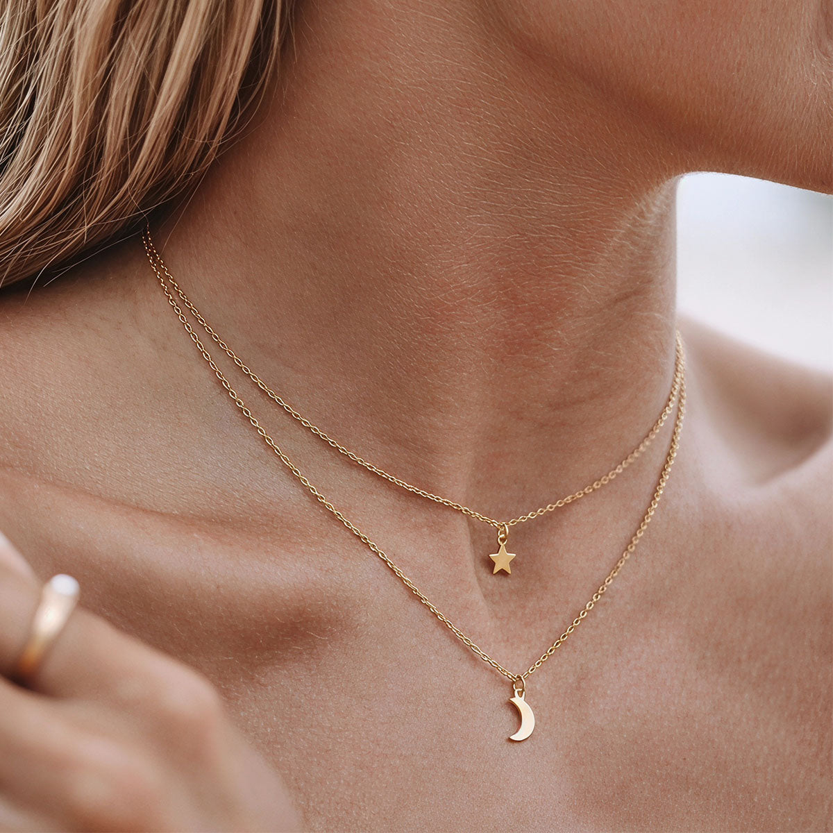 Crescent Moon and Star Layered Necklace - Gold
