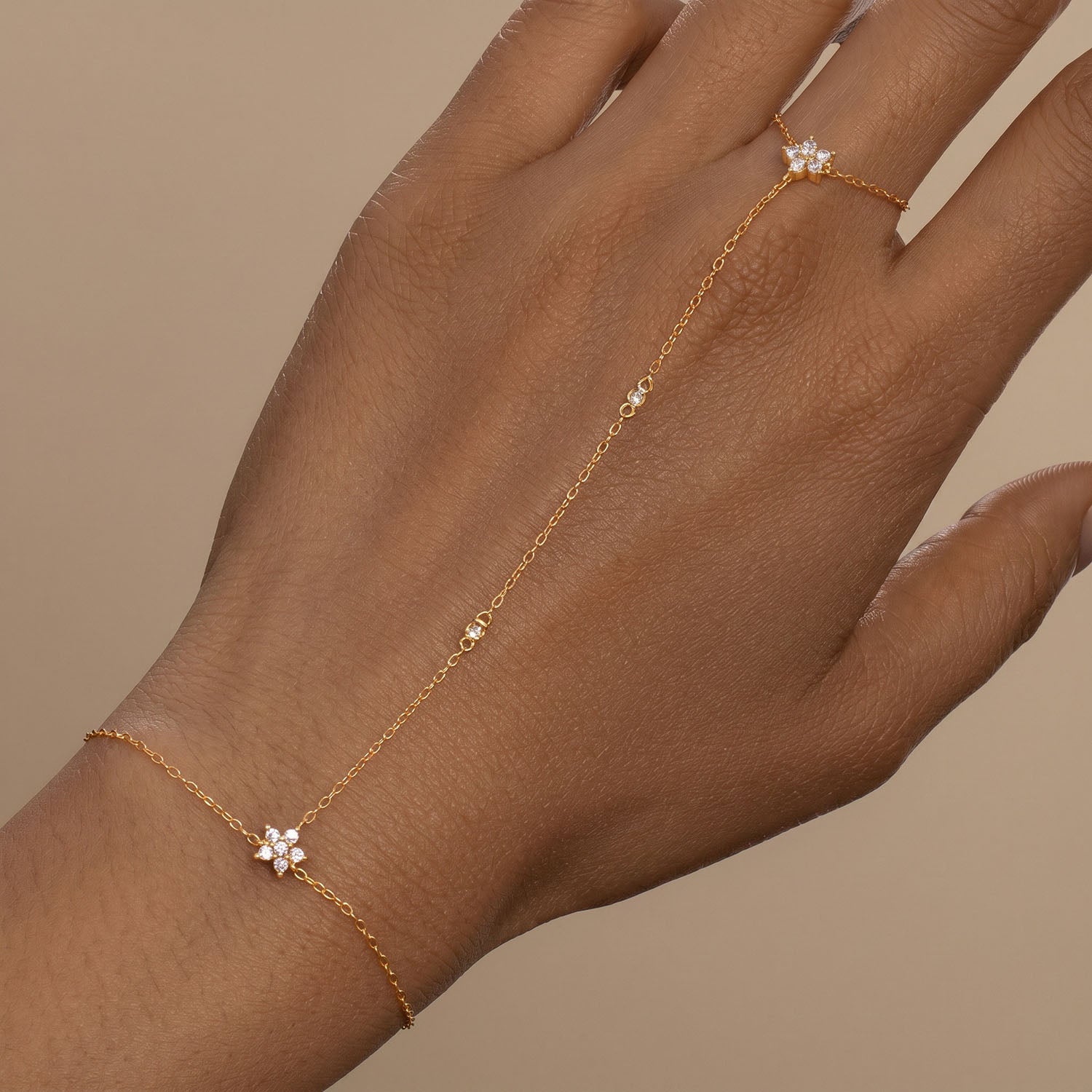 Crystal Five Petal Flower Hand Chain Bracelet - Gold