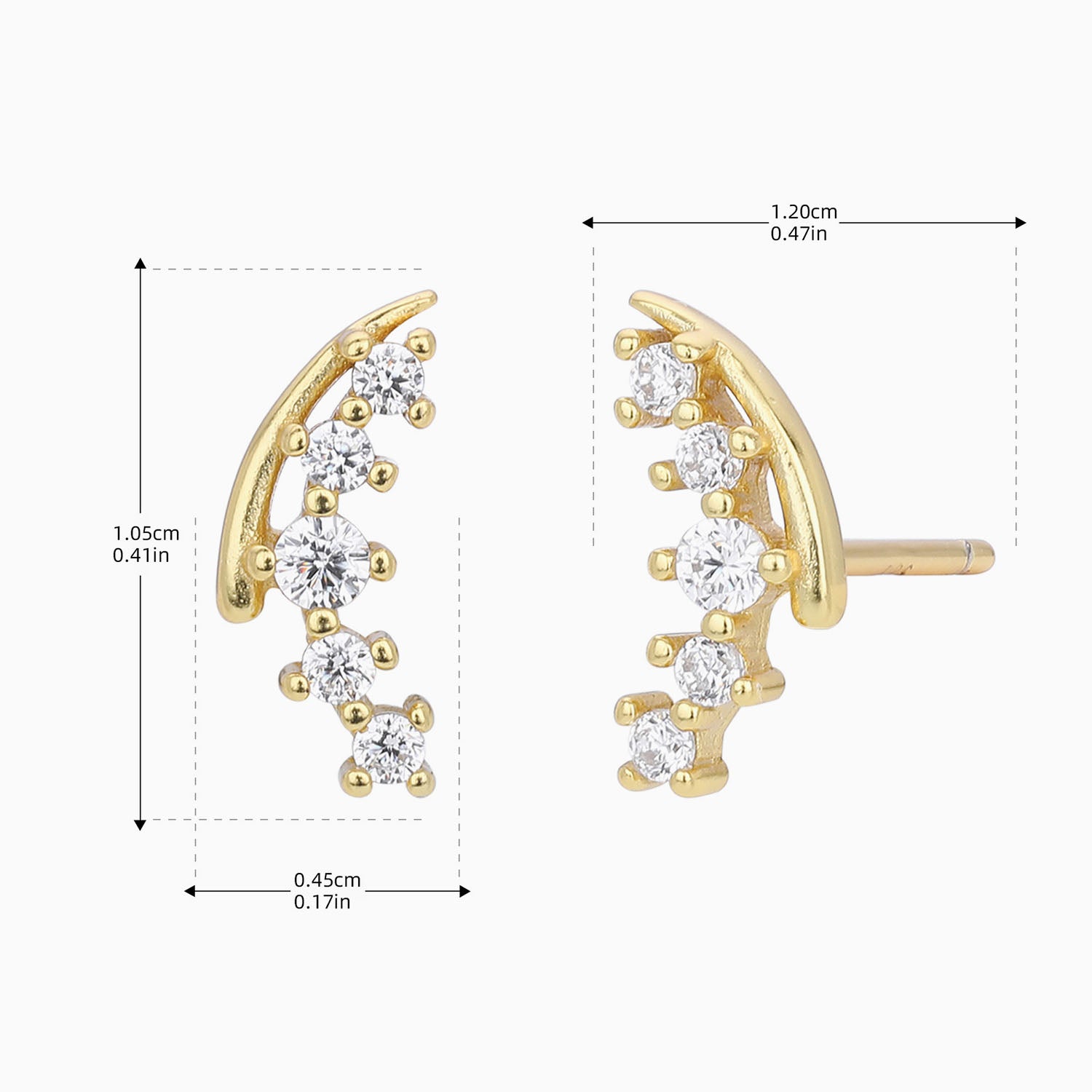 Curved Diamond Crawler Stud Earrings - Gold