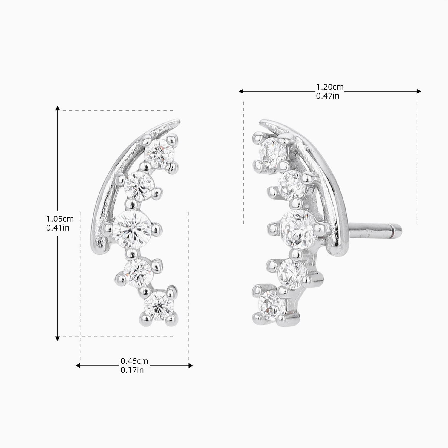 Curved Diamond Crawler Stud Earrings - Silver