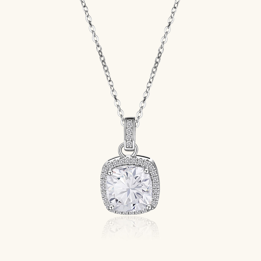 Cushion Cut Moissanite Halo Pendant Necklace - Silver