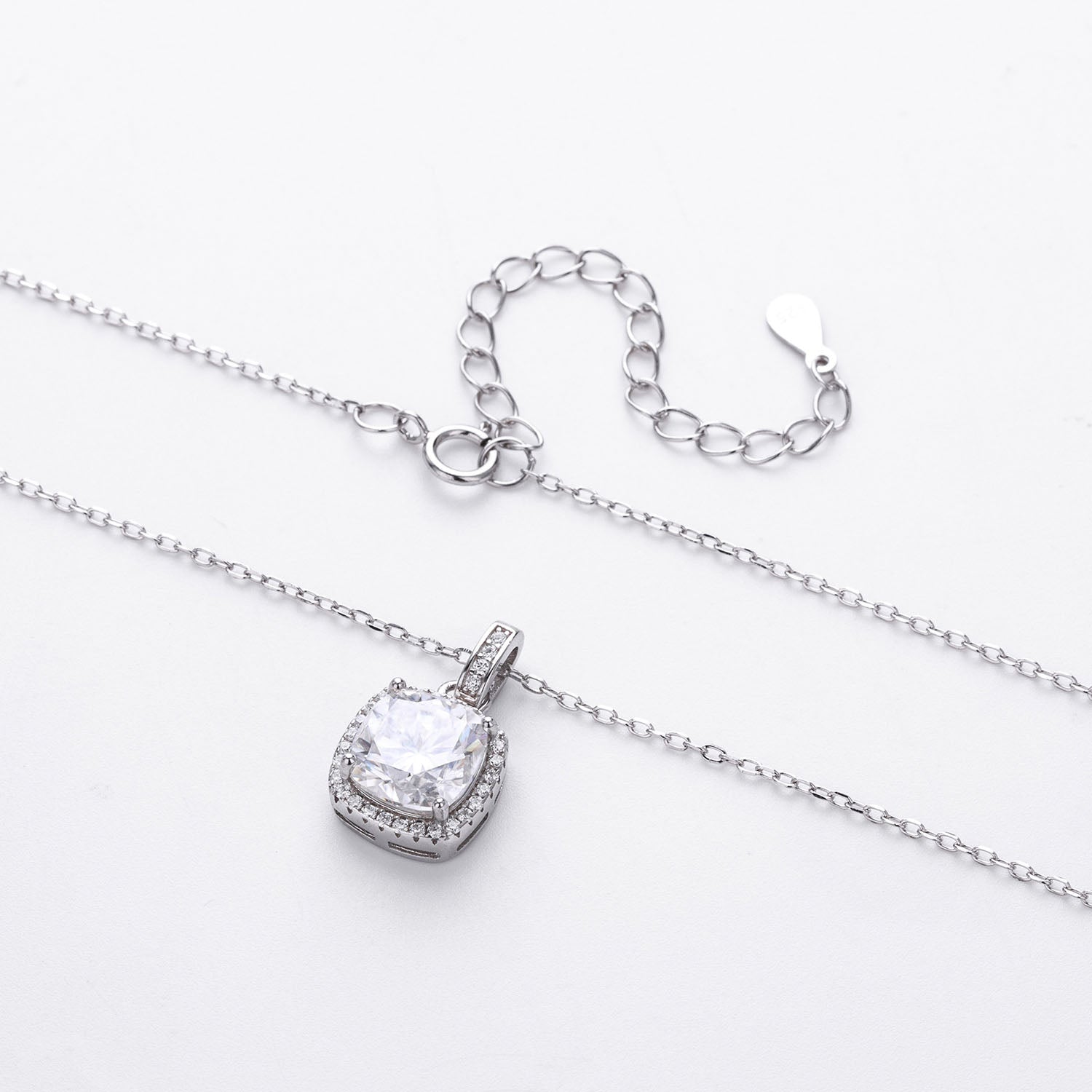 Cushion Cut Moissanite Halo Pendant Necklace - Silver