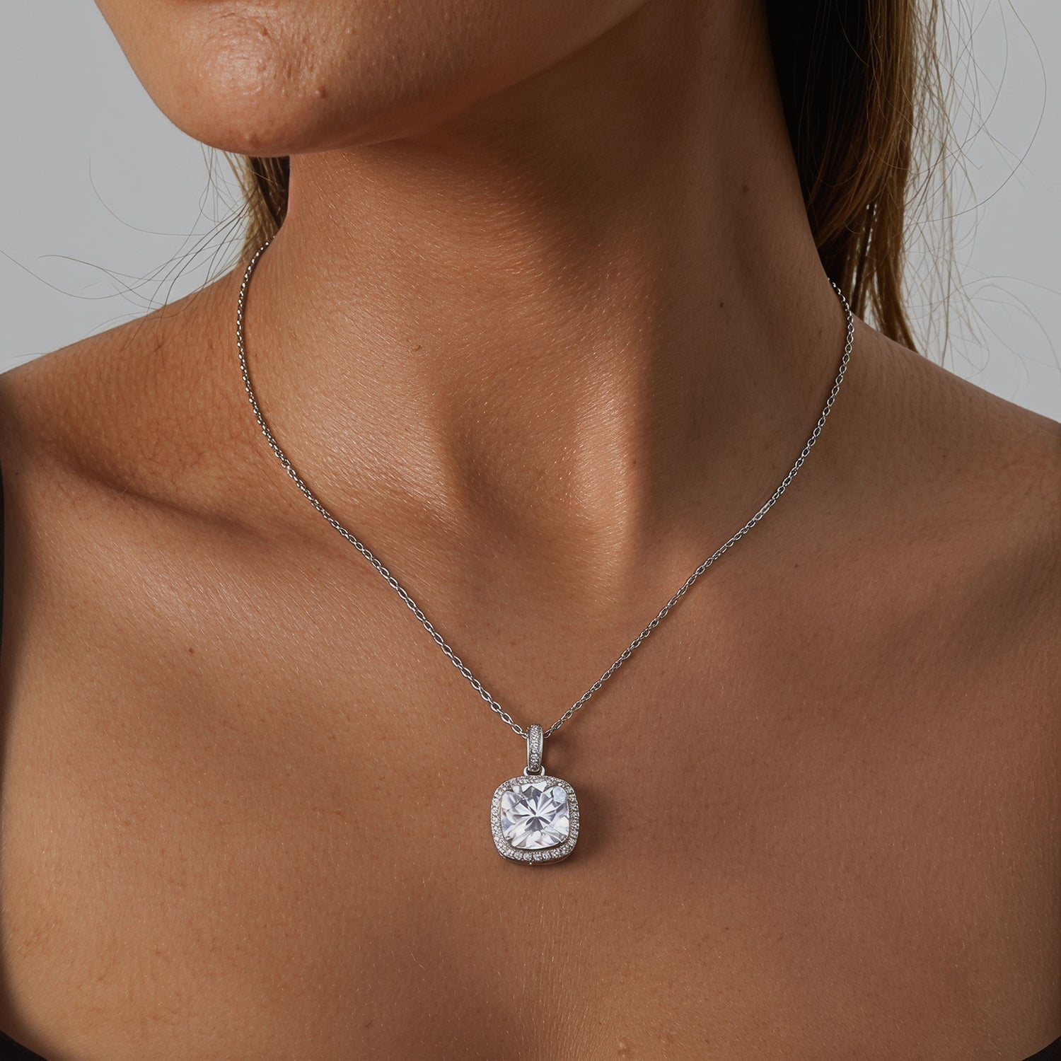 Cushion Cut Moissanite Halo Pendant Necklace - Silver