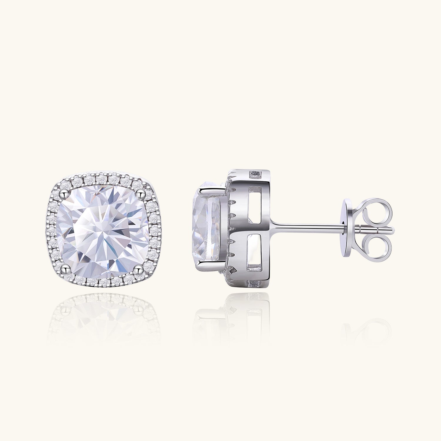 Cushion Cut Moissanite Halo Stud Earrings - Silver