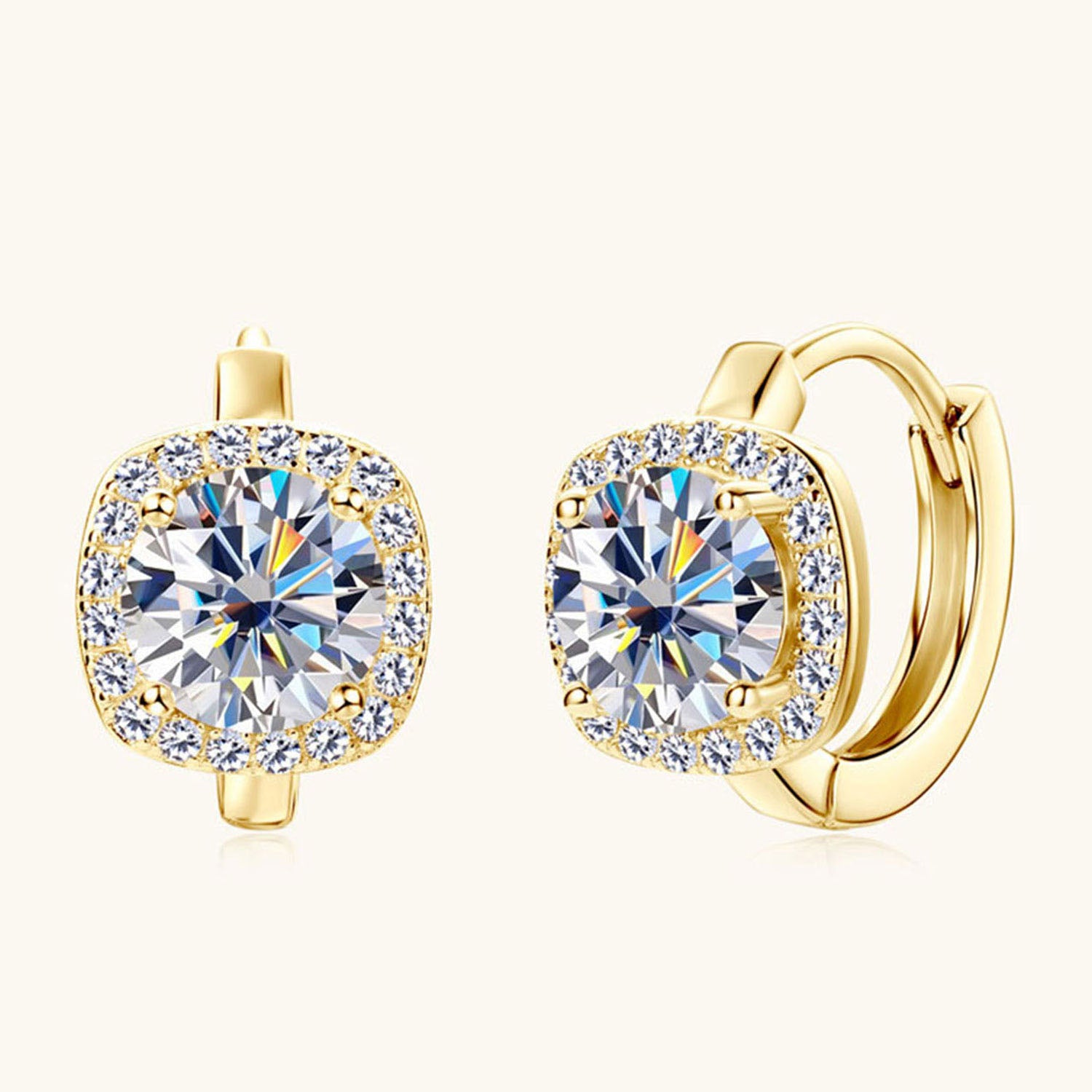 Cushion Halo Moissanite Huggie Hoop Earrings - Gold