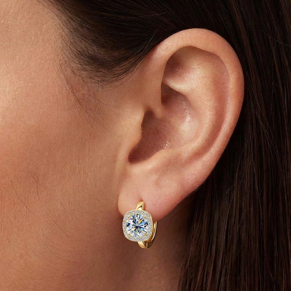 Cushion Halo Moissanite Huggie Hoop Earrings - Gold