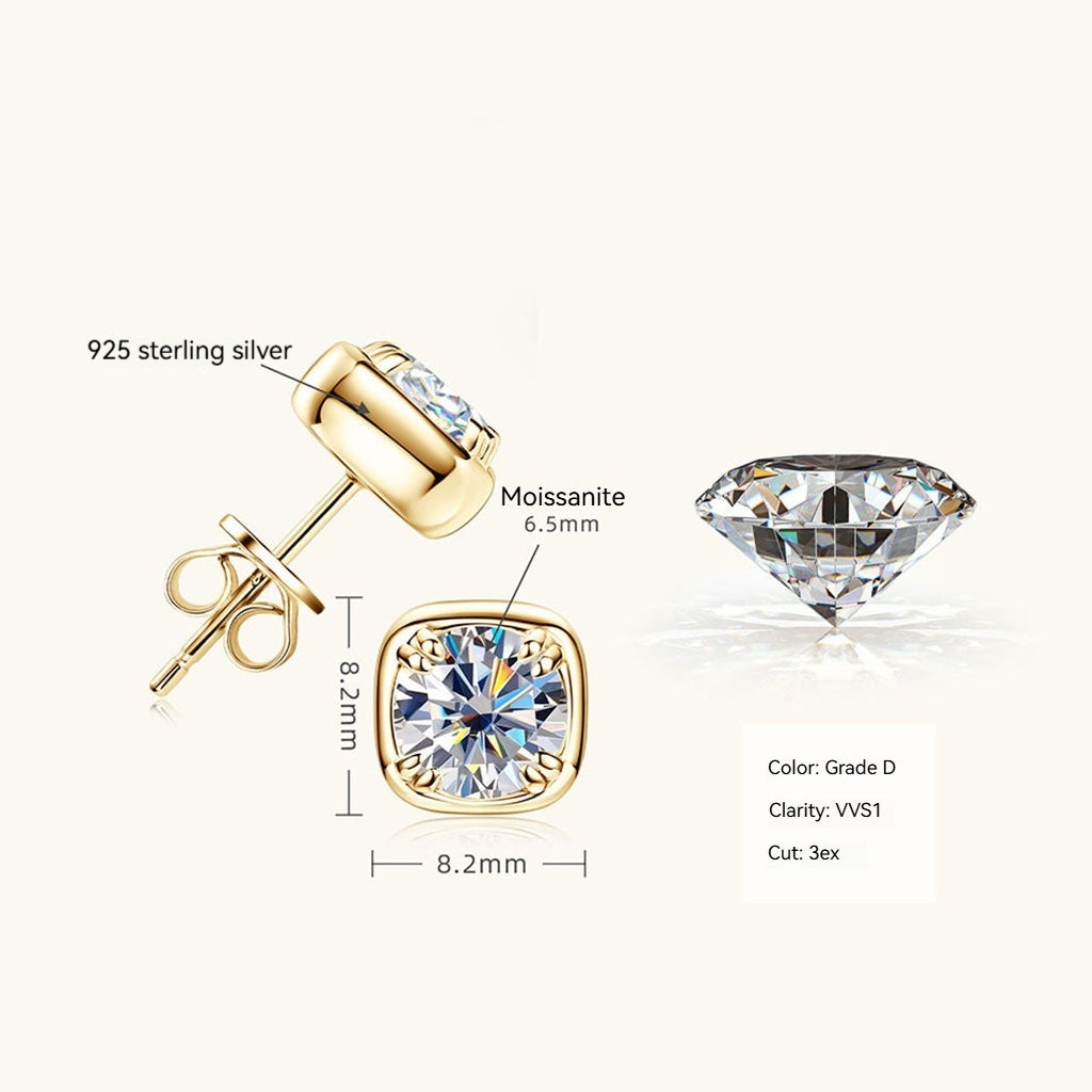 Cushion Moissanite Stud Earrings - Gold