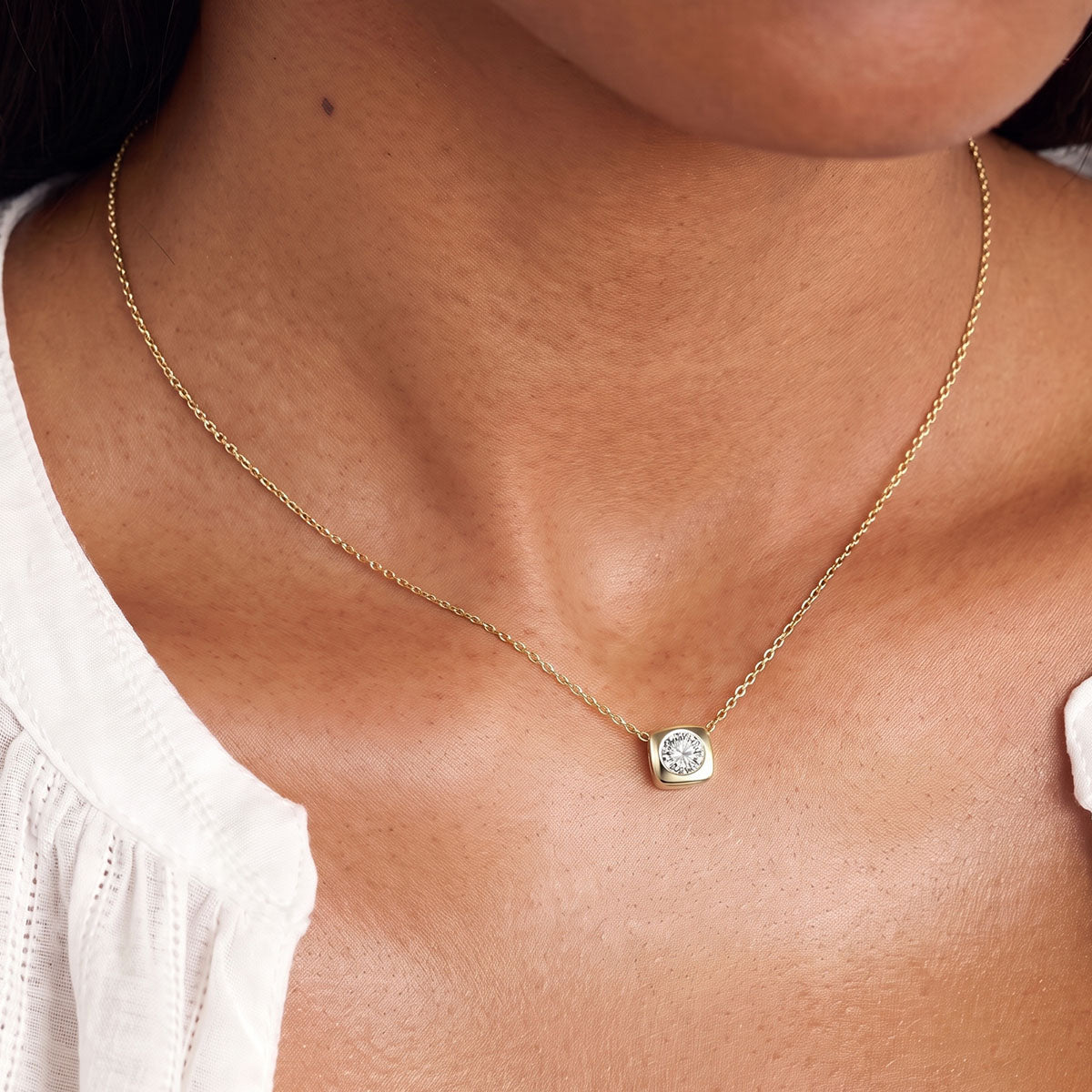 Cushion Simulated Diamond Halo Necklace - Gold