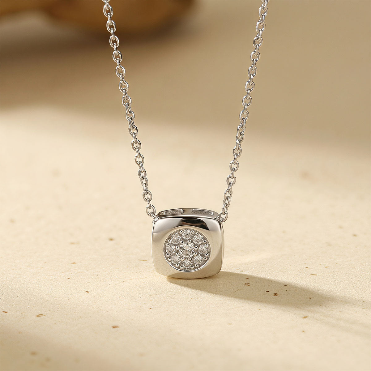 Cushion Simulated Diamond Halo Necklace - Silver
